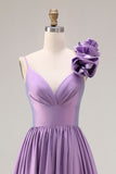 Purple A Line Ruched 3D Flower Spaghetti Straps Long Prom Dress with Slit