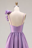 Purple A Line Ruched 3D Flower Spaghetti Straps Long Prom Dress with Slit