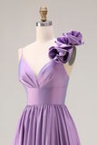 Purple A Line Ruched 3D Flower Spaghetti Straps Long Prom Dress with Slit