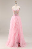 Pink A Line Beaded Corset Ruffled Sequin Long Prom Dress with Slit