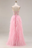 Pink A Line Beaded Corset Ruffled Sequin Long Prom Dress with Slit