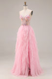Pink A Line Beaded Corset Ruffled Sequin Long Prom Dress with Slit