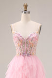 Pink A Line Beaded Corset Ruffled Sequin Long Prom Dress with Slit
