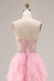 Pink A Line Beaded Corset Ruffled Sequin Long Prom Dress with Slit