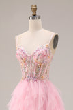 Pink A Line Beaded Corset Ruffled Sequin Long Prom Dress with Slit