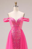 Sparkly Fuchsia Sequin Off the Shoulder Mermaid Convertible Long Prom Dress