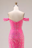 Sparkly Fuchsia Sequin Off the Shoulder Mermaid Convertible Long Prom Dress