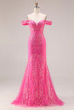 Sparkly Fuchsia Sequin Off the Shoulder Mermaid Convertible Long Prom Dress