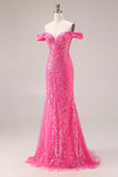 Sparkly Fuchsia Sequin Off the Shoulder Mermaid Convertible Long Prom Dress