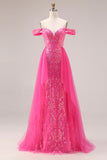 Sparkly Fuchsia Sequin Off the Shoulder Mermaid Convertible Long Prom Dress