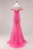 Sparkly Fuchsia Sequin Off the Shoulder Mermaid Convertible Long Prom Dress