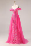 Sparkly Fuchsia Sequin Off the Shoulder Mermaid Convertible Long Prom Dress