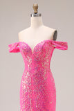 Sparkly Fuchsia Sequin Off the Shoulder Mermaid Convertible Long Prom Dress