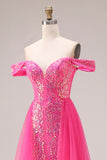 Sparkly Fuchsia Sequin Off the Shoulder Mermaid Convertible Long Prom Dress