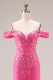 Sparkly Fuchsia Sequin Off the Shoulder Mermaid Convertible Long Prom Dress