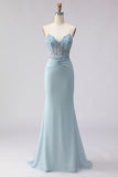 Dusty Blue Beaded Mermaid Corset Long Prom Dress