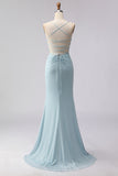 Dusty Blue Beaded Mermaid Corset Long Prom Dress