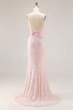 Sparkly Pink Floral Beaded Mermaid Sequin Long Prom Dress with Slit