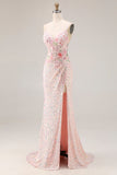Sparkly Pink Floral Beaded Mermaid Sequin Long Prom Dress with Slit