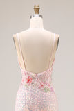 Sparkly Pink Floral Beaded Mermaid Sequin Long Prom Dress with Slit