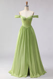 Off the Shoulder Green A Line Corset Satin Long Prom Dress with Slit