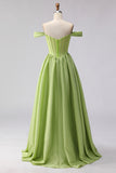 Off the Shoulder Green A Line Corset Satin Long Prom Dress with Slit