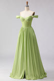 Off the Shoulder Green A Line Corset Satin Long Prom Dress with Slit