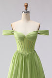 Off the Shoulder Green A Line Corset Satin Long Prom Dress with Slit