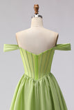 Off the Shoulder Green A Line Corset Satin Long Prom Dress with Slit