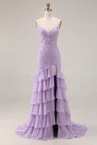 Purple Mermaid Appliqued Tiered Ruffle Long Prom Dress with Slit
