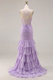 Purple Mermaid Appliqued Tiered Ruffle Long Prom Dress with Slit