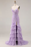 Purple Mermaid Appliqued Tiered Ruffle Long Prom Dress with Slit