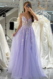 Lilac A Line Tulle Backless Long Sparkly Prom Dress With Sequined Appliques