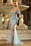 Blue Mermaid Off The Shoulder Sheer Corset Sequins Long Prom Dress with Slit