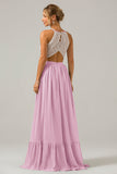 A-Line Halter Pleated Keyhole Chiffon Bridesmaid Dress With Lace