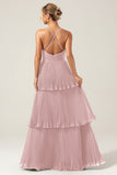 Dusty Rose A-Line Halter Tiered Floor Length Chiffon Long Bridesmaid Dress