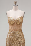 Sparkly Golden Bodycon Sequin Corset Strapless Homecoming Dress