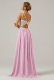 A-Line Spaghetti Straps Pleated Long Bridesmaid Dress With Lace