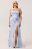 Blue Floral Spaghetti Straps Mermaid Streamer Corset Long Plus Size Bridesmaid Dress with Slit