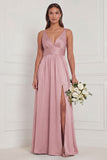 Dusty Blue A Line V Neck Bridesmaid Dress with Slit