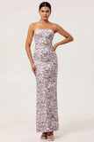 Strapless Purple Floral Sheath Long Wedding Guest Dress with Bow