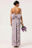 Strapless Purple Floral Sheath Long Wedding Guest Dress with Bow