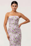 Strapless Purple Floral Sheath Long Wedding Guest Dress with Bow