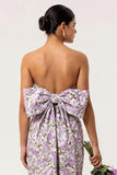 Strapless Purple Floral Sheath Long Wedding Guest Dress with Bow