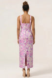 Lilac Flower Sheath Square Neck Ankle Length Wedding Guest Dress