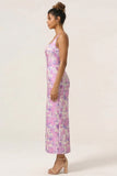 Lilac Flower Sheath Square Neck Ankle Length Wedding Guest Dress