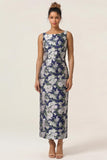 Navy Flower Sheath Printed Ankle Length Bridesmaid Dress with Slit