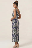 Navy Flower Sheath Printed Ankle Length Bridesmaid Dress with Slit