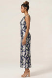 Navy Flower Sheath Printed Ankle Length Bridesmaid Dress with Slit