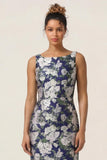 Navy Flower Sheath Printed Ankle Length Bridesmaid Dress with Slit